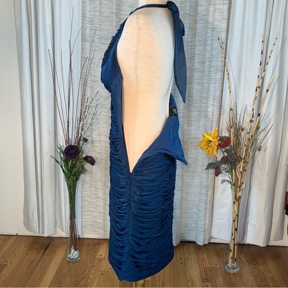 Adrianna Papell solid blue gathered halter styled evening party dress. - Picture 9 of 16